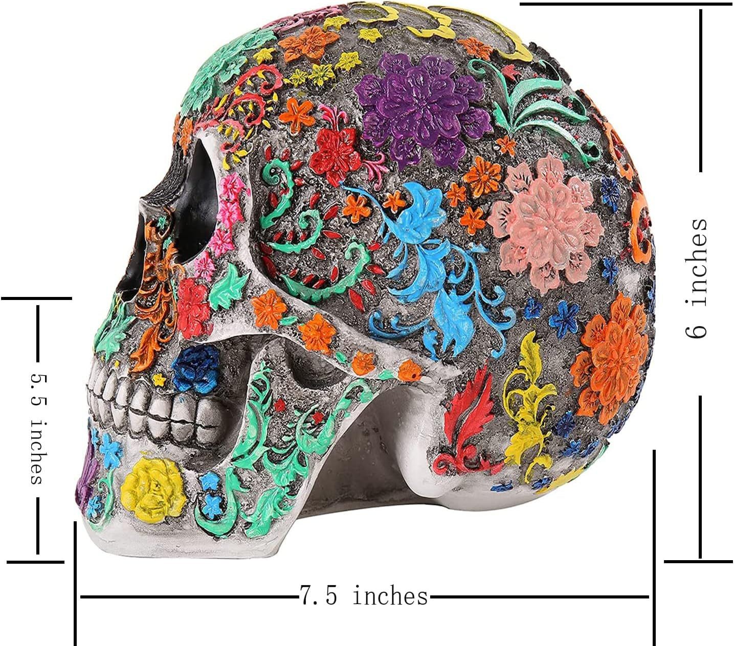 Highly Life Size Colourful Floral Resin Human Skull Head Statue Model Home Decor