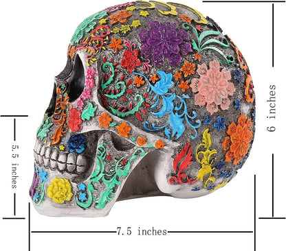 Highly Life Size Colourful Floral Resin Human Skull Head Statue Model Home Decor