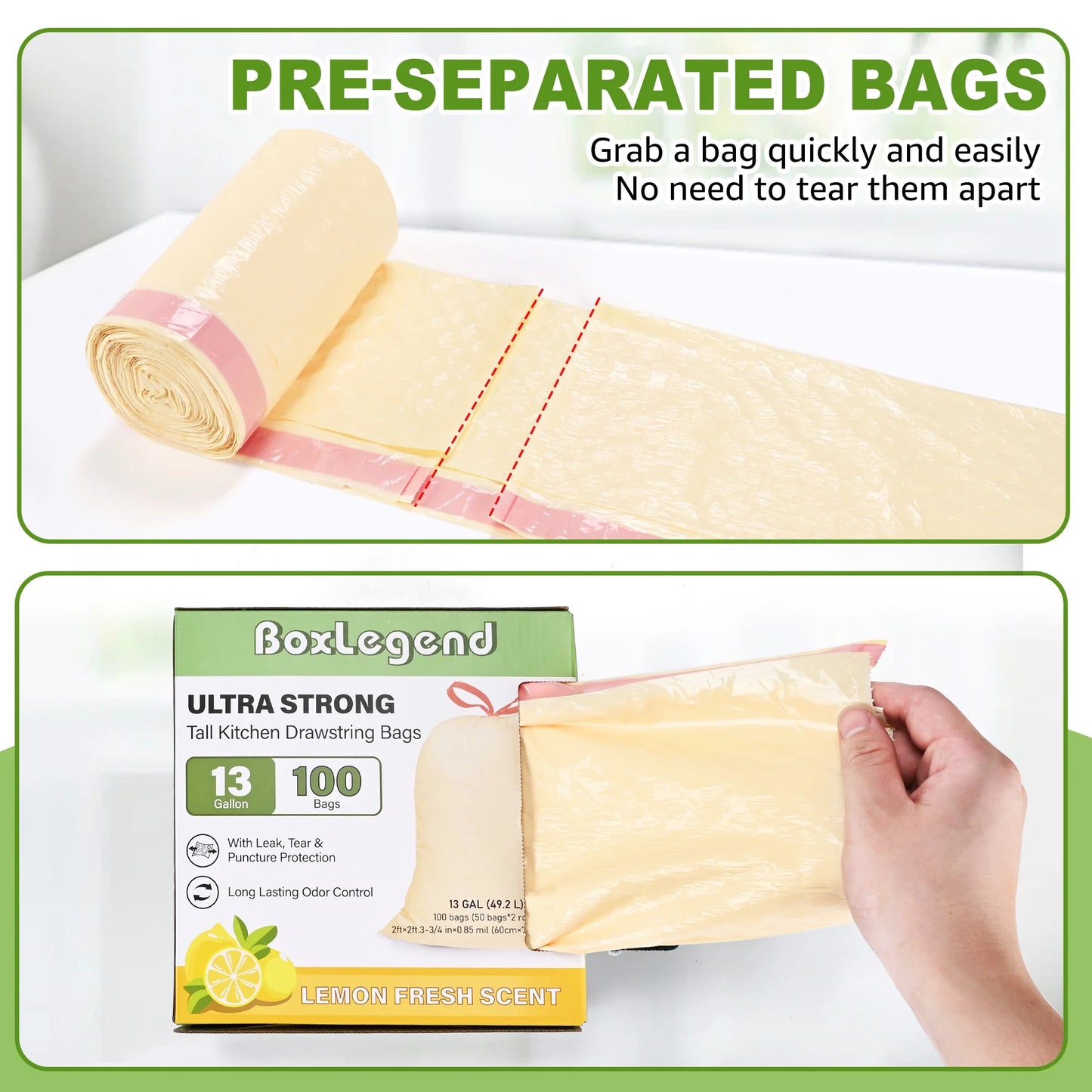 Ultra Strong 13 Gallon Trash Bags, Lemon Scent (100 Count), Tall Kitchen Drawstring Garbage Bags 10-13 Gallon, Light Yellow