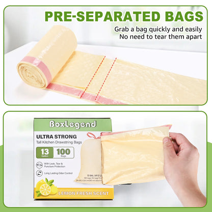 Ultra Strong 13 Gallon Trash Bags, Lemon Scent (100 Count), Tall Kitchen Drawstring Garbage Bags 10-13 Gallon, Light Yellow