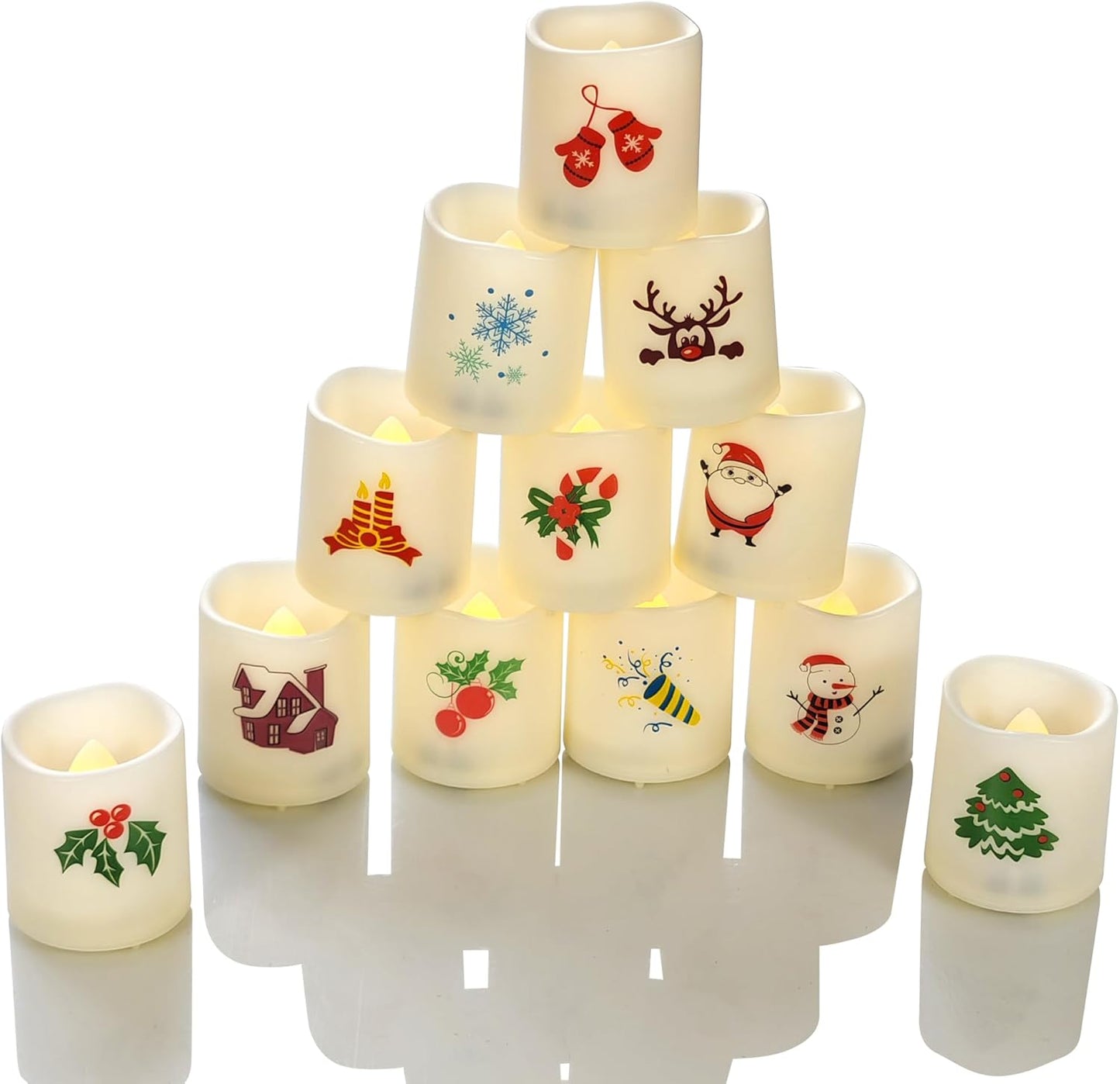 Christmas Battery Operated Flameless Votive Candles Small Realistic Flickering Electric LED Votives with Christmas Theme Decals for Xmas Party Decorations 12 Pack Batteries Included