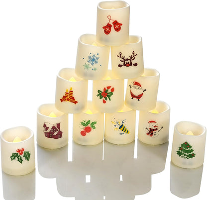 Christmas Battery Operated Flameless Votive Candles Small Realistic Flickering Electric LED Votives with Christmas Theme Decals for Xmas Party Decorations 12 Pack Batteries Included
