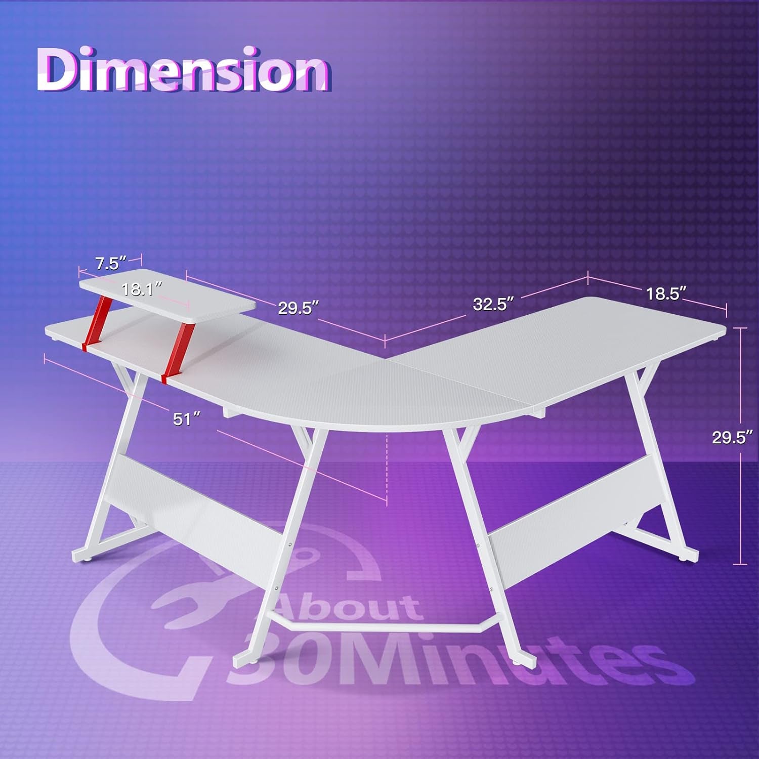 White Gaming Desk L Shaped, Gamer Desk Gaming Table with Carbon Fiber Surface, Corner Computer Desk L Shape with Cup Holder & Headphone Hook, 51 Inch