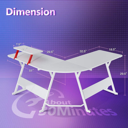 White Gaming Desk L Shaped, Gamer Desk Gaming Table with Carbon Fiber Surface, Corner Computer Desk L Shape with Cup Holder & Headphone Hook, 51 Inch