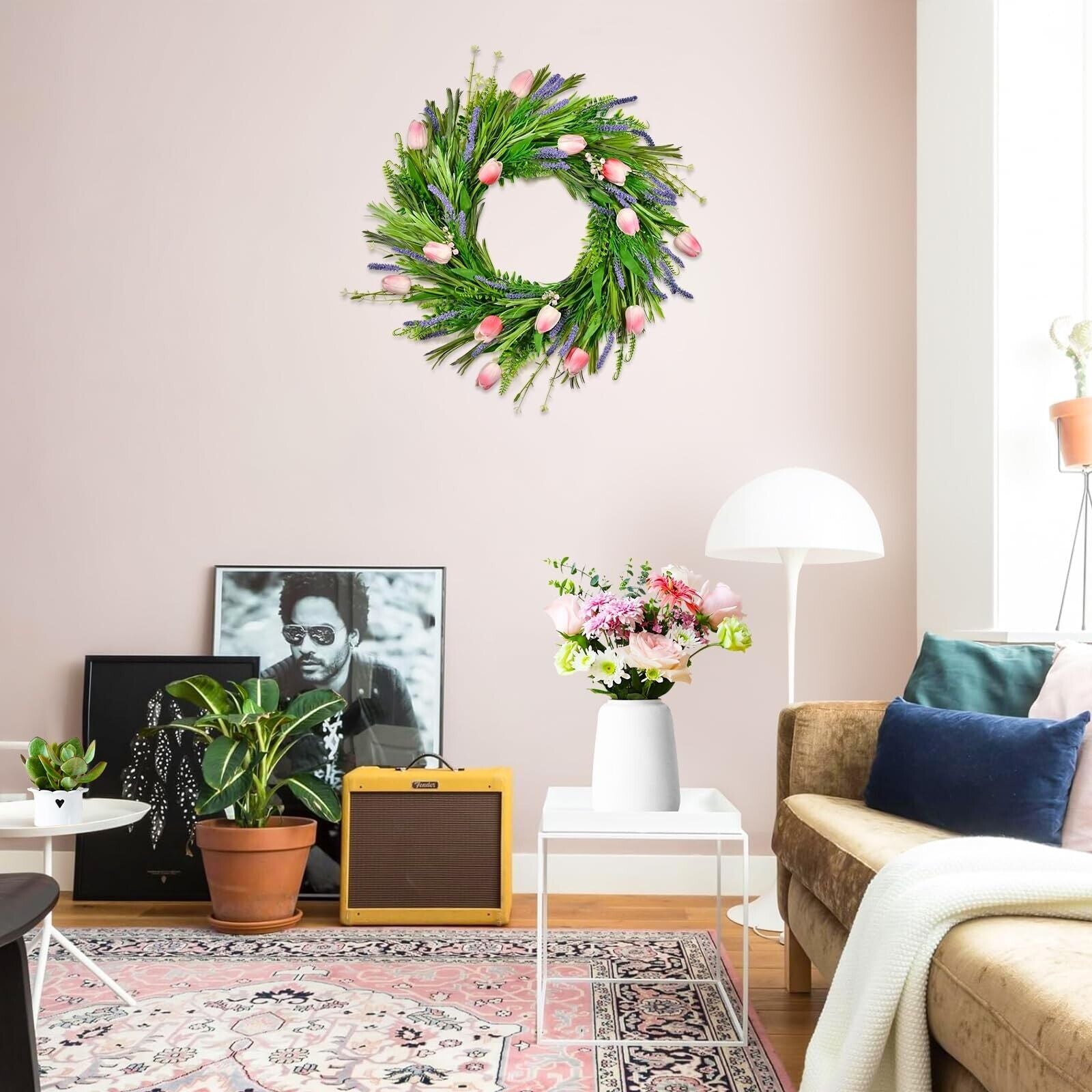 Beinhome 22 Inch Spring Summer Wreath, Pink Tulips and Lavender Wreath for Fr...