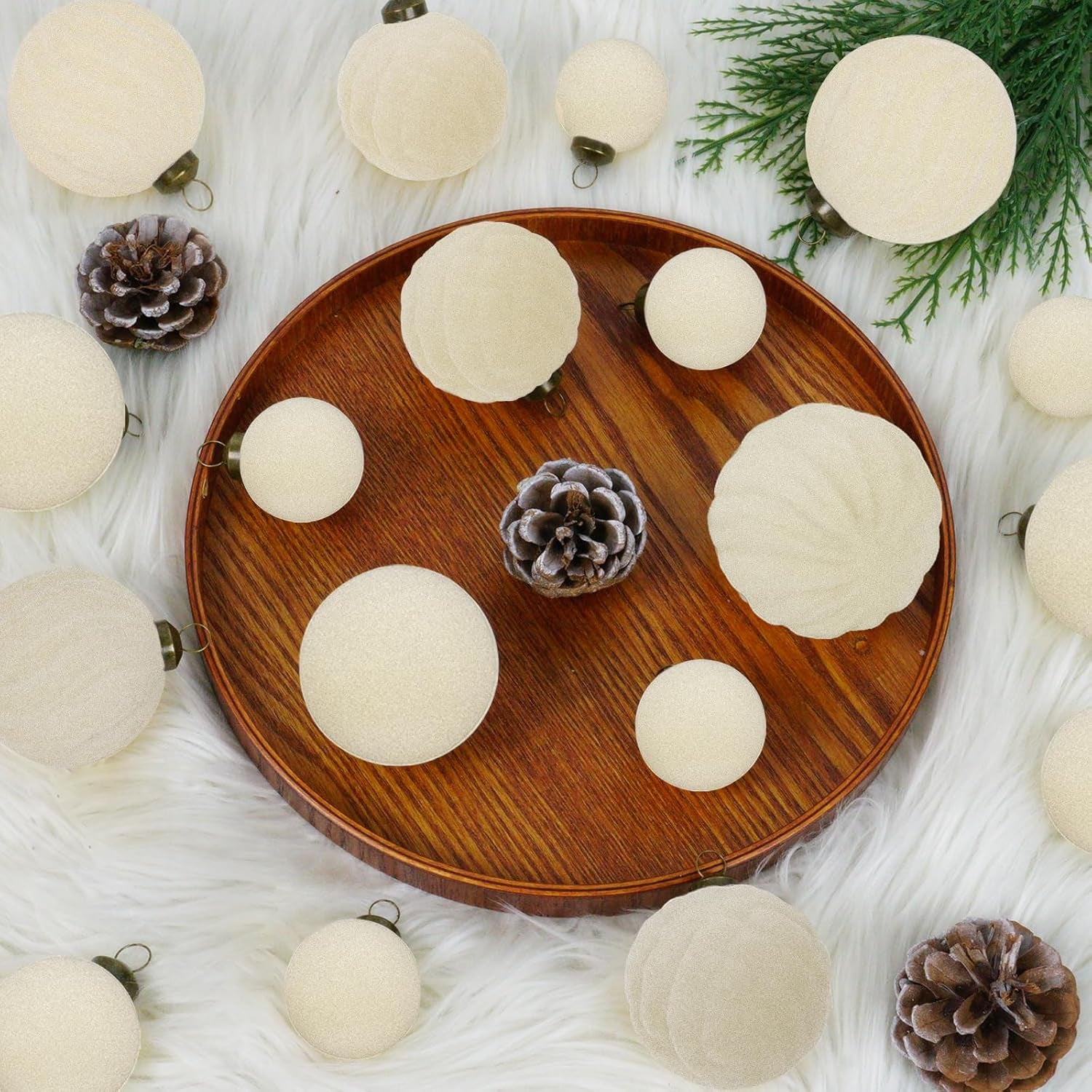 36PCS Velvet Christmas Ornaments Set Mixed Flocked Balls Ornaments Shatterproof Christmas Tree Decorations for Holiday,Party,Home(Beige)