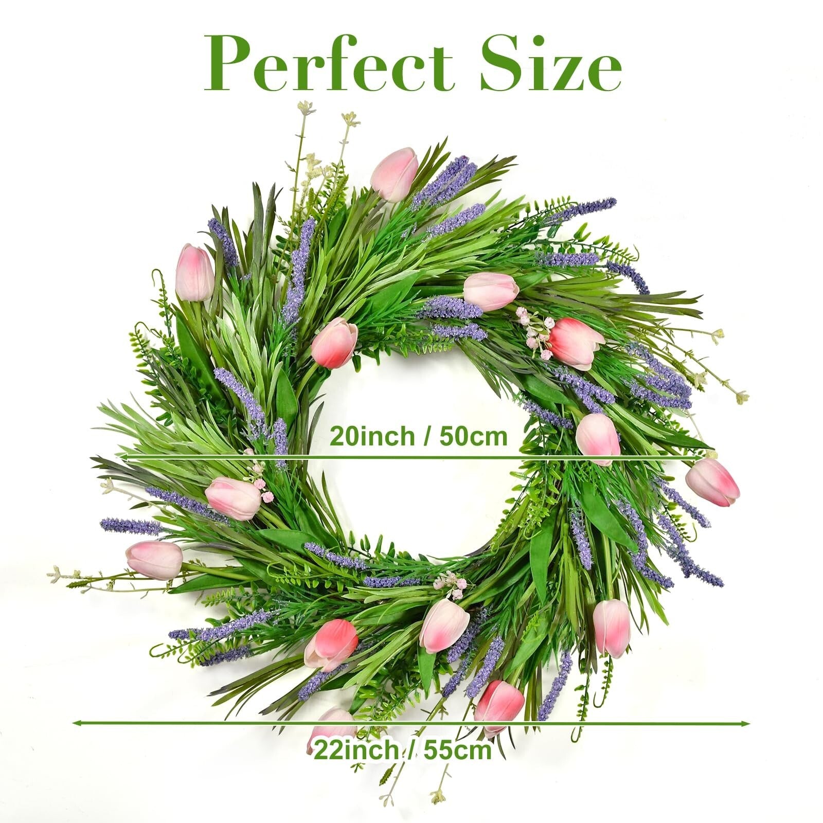 Beinhome 22 Inch Spring Summer Wreath, Pink Tulips and Lavender Wreath for Fr...