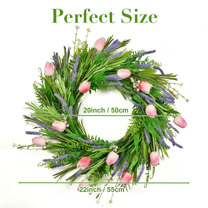 Beinhome 22 Inch Spring Summer Wreath, Pink Tulips and Lavender Wreath for Fr...