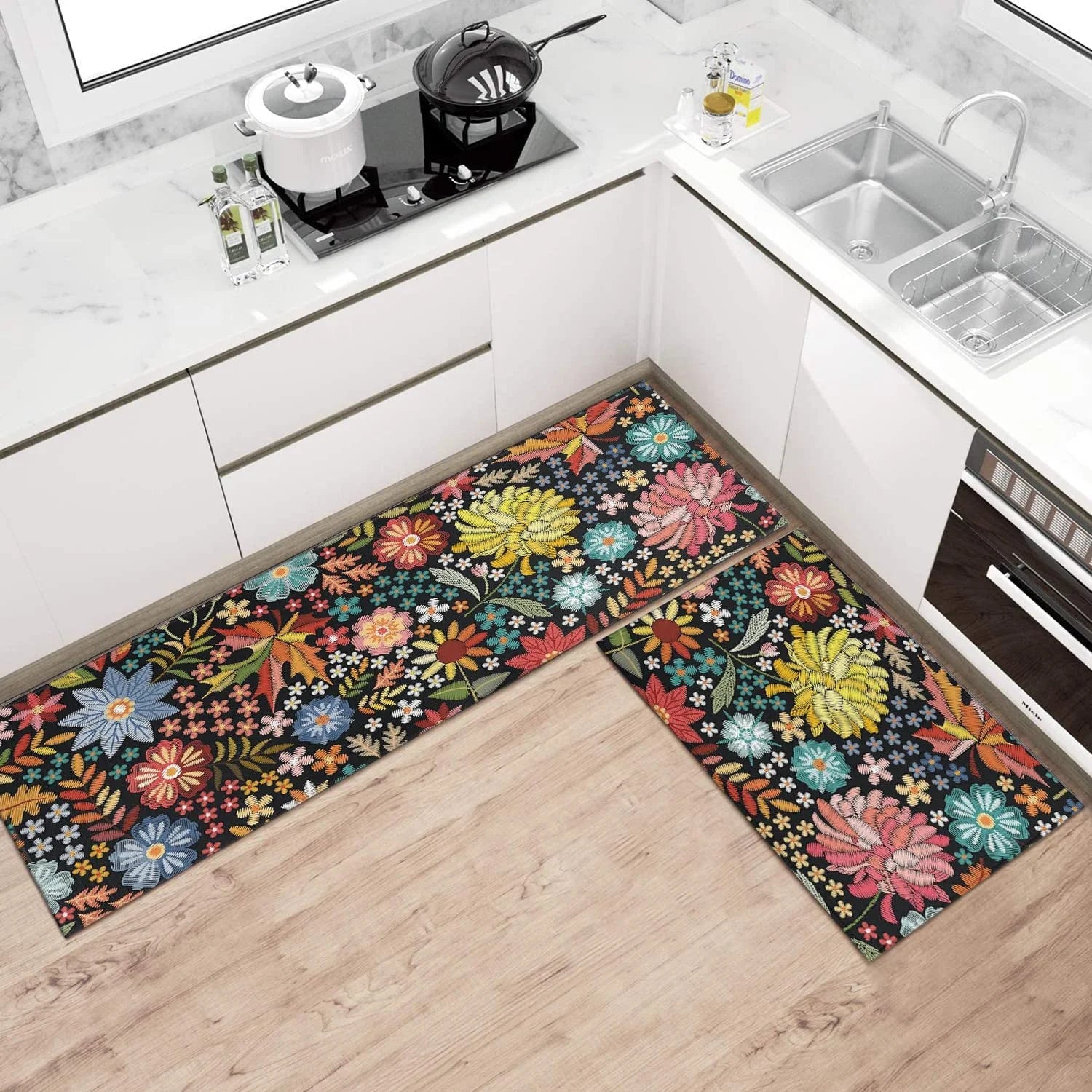 Boho Floral Kitchen Rug Mat Set of 2 Spring Colorful Flowers Kitchen Rugs Washable Non Slip Summer Kitchen Floor Mats