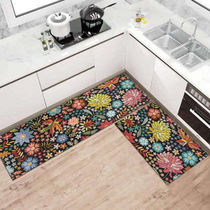 Boho Floral Kitchen Rug Mat Set of 2 Spring Colorful Flowers Kitchen Rugs Washable Non Slip Summer Kitchen Floor Mats