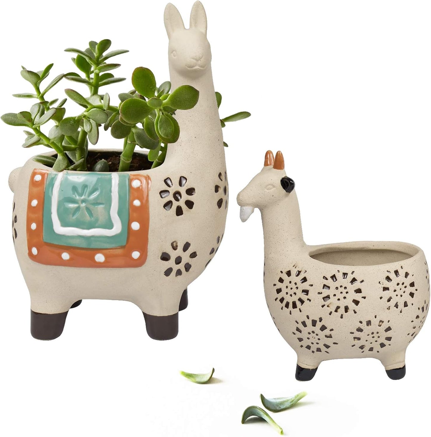 Ceramic Animal Succulent Planter Pots - 6.1 + 4.5 Inch Cute Alpaca/Llama & Goat Rough Pottery Unglazed Desktop Flower Plant Pots Indoor, Home Decor Gifts for Mom, Green