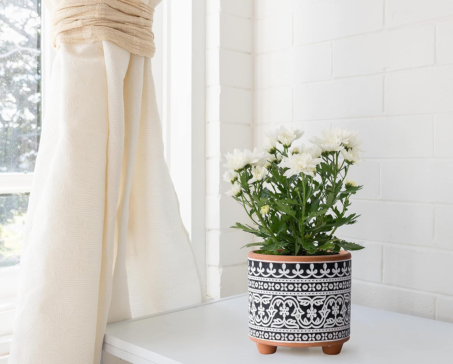 Set of 2 Terracotta Planter Pots, 4 Inch & 6 Inch, Design Plants Pot with Drainage Hole, Midnight Lace, Terracotta/Black, 31-953-F-2