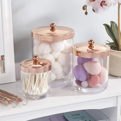 3-Pack Premium Quality Qtip and Cotton Ball Holders | 15-Oz to 60-Oz Clear Plastic Apothecary Jars with Matte Rose Gold Lids | Perfect Containers for Bathroom and Vanity