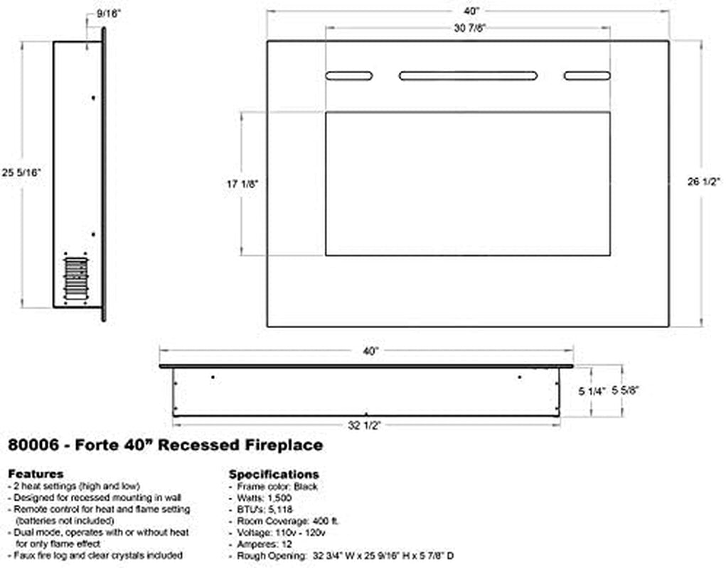 Smart Electric Fireplace-The Forte 40" Recessed Mounted-30 Realistic Ember Color/Flame Options-1,500W Heater W/Thermostat-Black-Log & Crystal Hearth Options-Alexa/Wifi Enabled