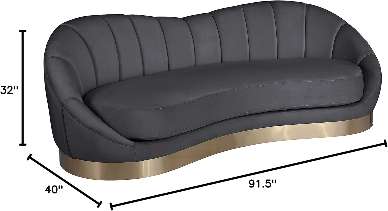 Shelly Collection Modern | Contemporary Velvet Upholstered Shell Shaped Chair with Brushed Gold Stainless Steel Base, 90" W X 40.75" D X 32" H, Grey