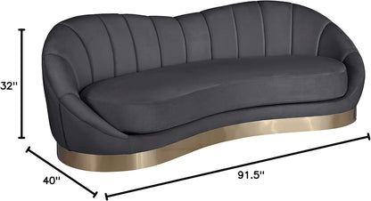 Shelly Collection Modern | Contemporary Velvet Upholstered Shell Shaped Chair with Brushed Gold Stainless Steel Base, 90" W X 40.75" D X 32" H, Grey