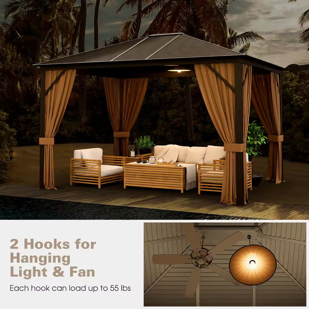 12 Ft. X 10 Ft. Brown Patio Hardtop Gazebo with Galvanized Steel Top Aluminum Frame Outdoor