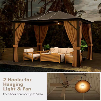 12 Ft. X 10 Ft. Brown Patio Hardtop Gazebo with Galvanized Steel Top Aluminum Frame Outdoor