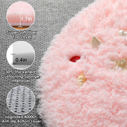 Light Pink round Area Rugs 2Ft for Bedroom Living Room, Fluffy Cat Dog Bed Mat, Washable Circle Rug for Kids Girls Boys Teen, Soft Plush Shaggy Carpet for Nursery Dorm Home Decor Aesthetic