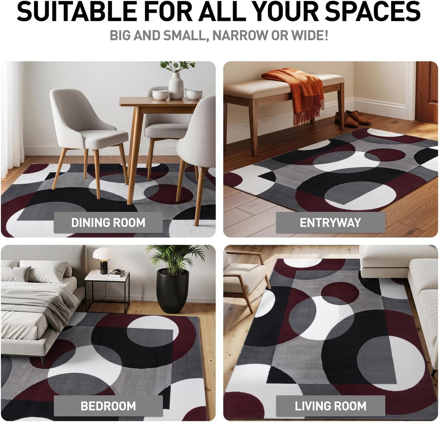 Modern Circles Carpet Easy Maintenance for Home Office,Living Room,Bedroom,Kitchen Soft Runner Rug 2' X 7'2" Burgundy