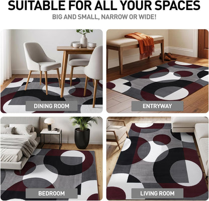 Modern Circles Carpet Easy Maintenance for Home Office,Living Room,Bedroom,Kitchen Soft Runner Rug 2' X 7'2" Burgundy
