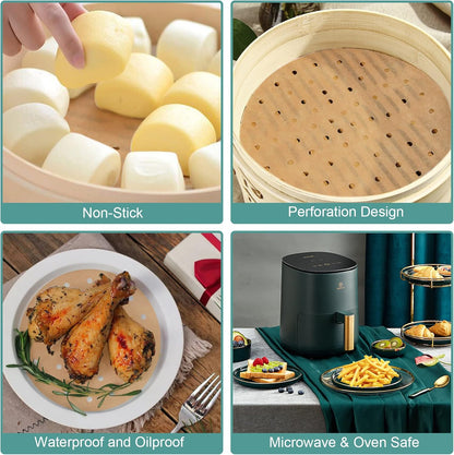 7 Inch Air Fryer Liners, 100Pcs Perforated Parchment Paper Compatible with Philips, Cozyna, Secura, Nuwave Brio, Chefman, Gowise USA, COSORI and More 3.4~3.7Qt Air Fryers
