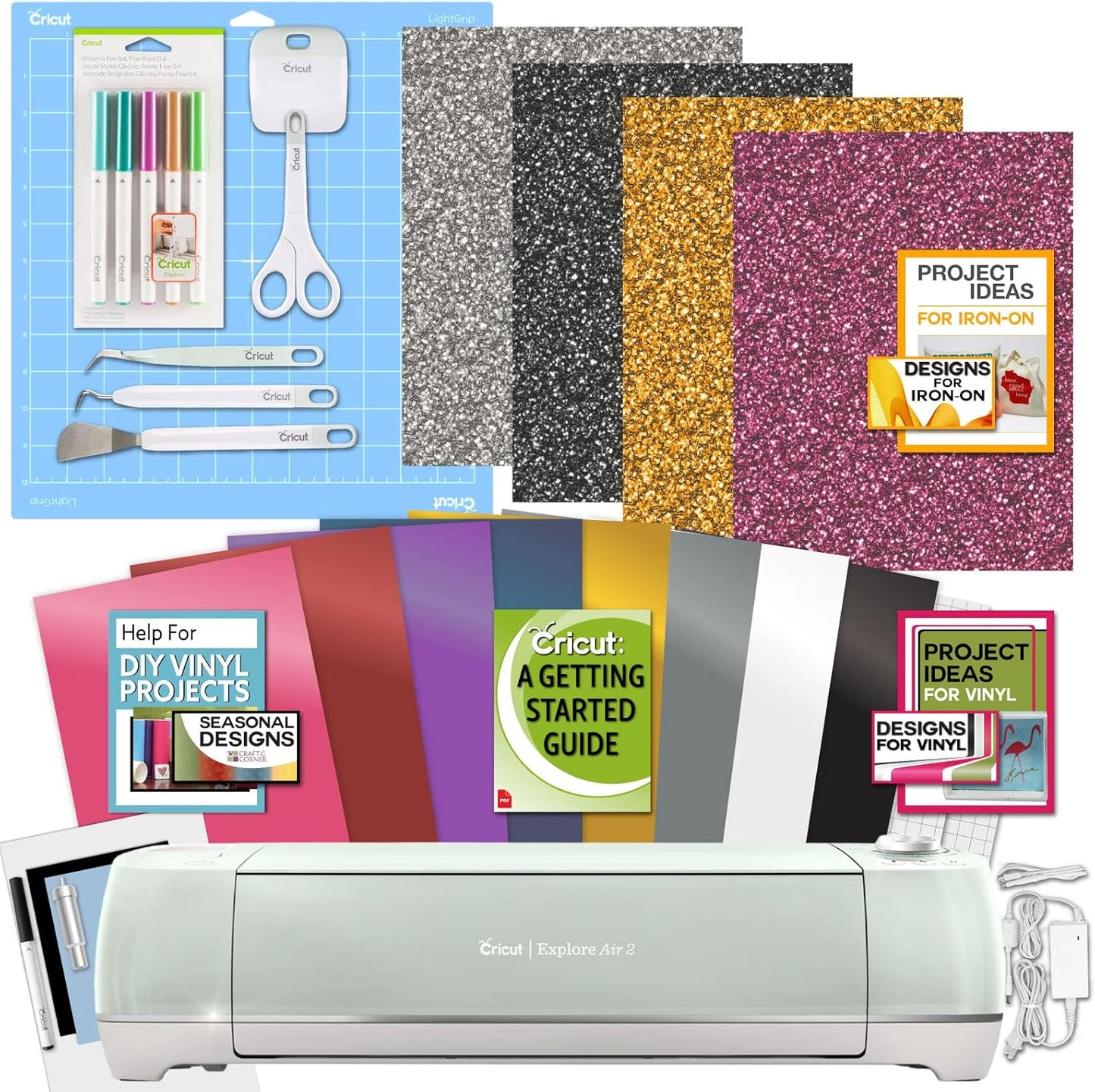 Explore Air Cutting Machine Bundle - Vinyl and Iron-On Materials with Tools and Pens, Beginner Cutting Machine with Accessories and Digital Education Guides, HTV and Vinyl Sampler Pack