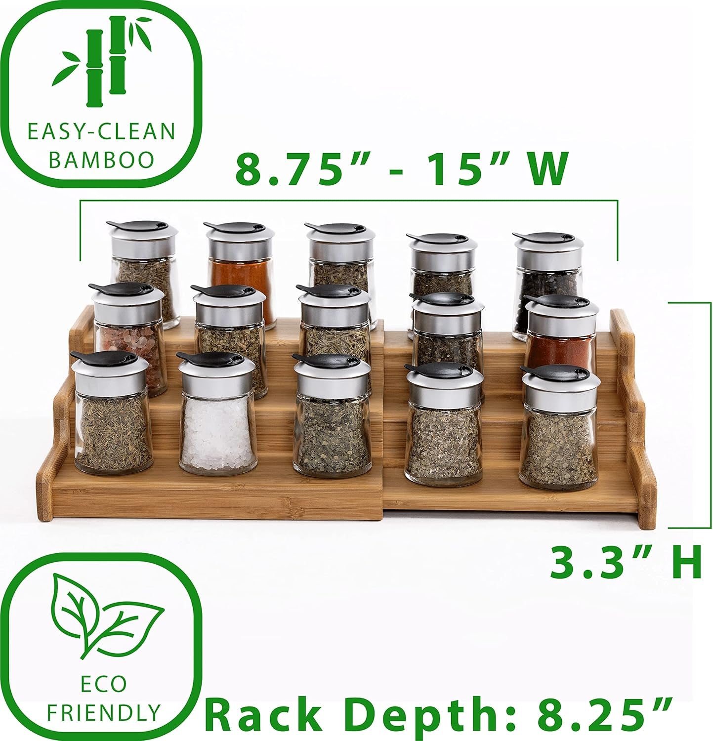 Bamboo Premium Wood 3-Tier Step Shelf Spice & Seasoning Storage Rack Organizer, for Kitchen, Cabinet, Countertop, Pantry, Bathroom, Salon, Bamboo, Expandable 8.5" - 15" W