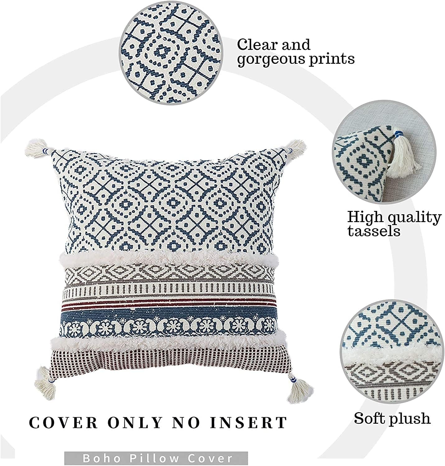 Boho Tufted Decorative Throw Pillow Cover 18X18, Modern Moroccan Style with Tassels, Accent Decor Pillowcase for Couch, Sofa, Bedroom, Car, or Hotel, Blue