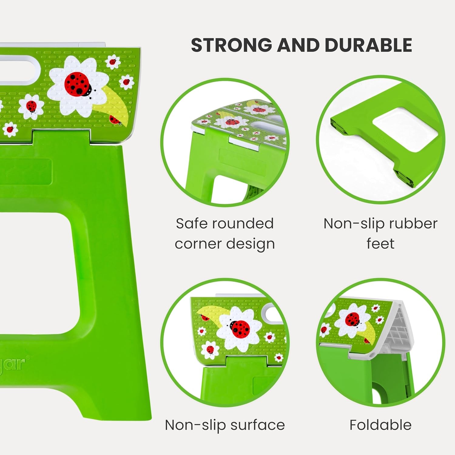 Compact Step Stool Foldable, 12-1/2-Inch Step Stools for Adults up to 330 Pound, Lightweight Stool, Non-Slip Folding Step Stool, Ladybug on Top