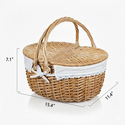 Wicker Picnic Basket with Lid and Handle Sturdy Woven Body with Washable Lining for Easter,Mother'S Day,Outdoor Camping,Not Dyed