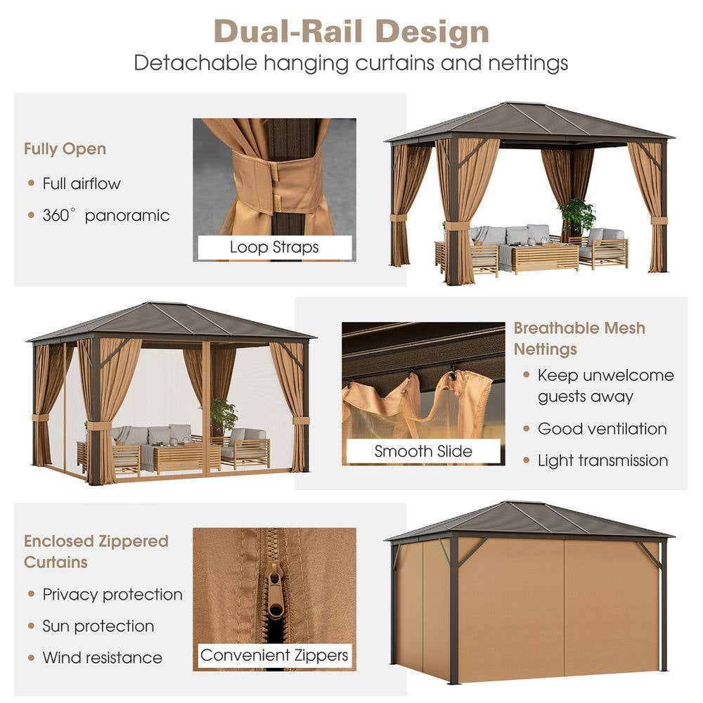 12 Ft. X 10 Ft. Brown Patio Hardtop Gazebo with Galvanized Steel Top Aluminum Frame Outdoor