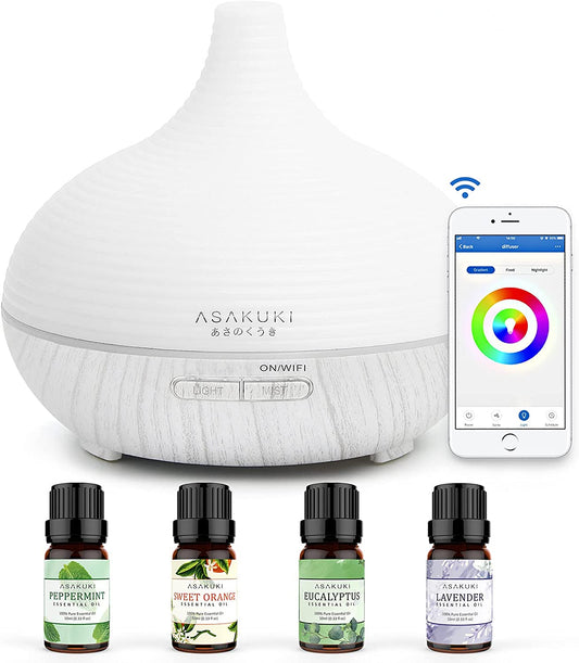 Smart Wifi Essential Oil Diffuser with 4 Essential Oils Set, 2021 Upgrated 300Ml Diffuser with 7 LED Lights