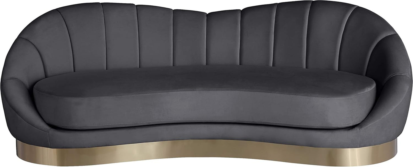 Shelly Collection Modern | Contemporary Velvet Upholstered Shell Shaped Chair with Brushed Gold Stainless Steel Base, 90" W X 40.75" D X 32" H, Grey