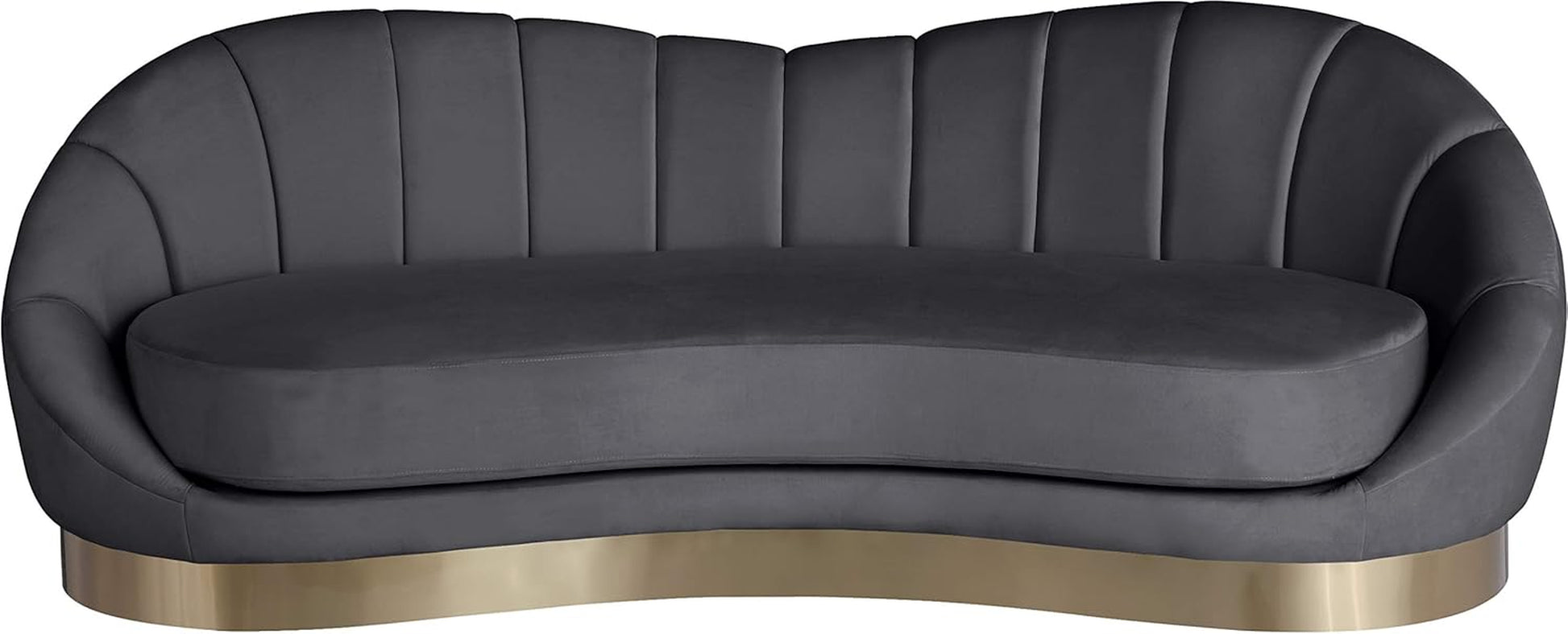 Shelly Collection Modern | Contemporary Velvet Upholstered Shell Shaped Chair with Brushed Gold Stainless Steel Base, 90" W X 40.75" D X 32" H, Grey