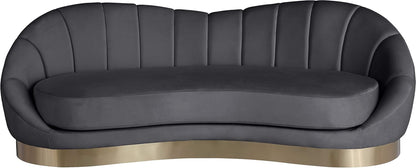 Shelly Collection Modern | Contemporary Velvet Upholstered Shell Shaped Chair with Brushed Gold Stainless Steel Base, 90" W X 40.75" D X 32" H, Grey