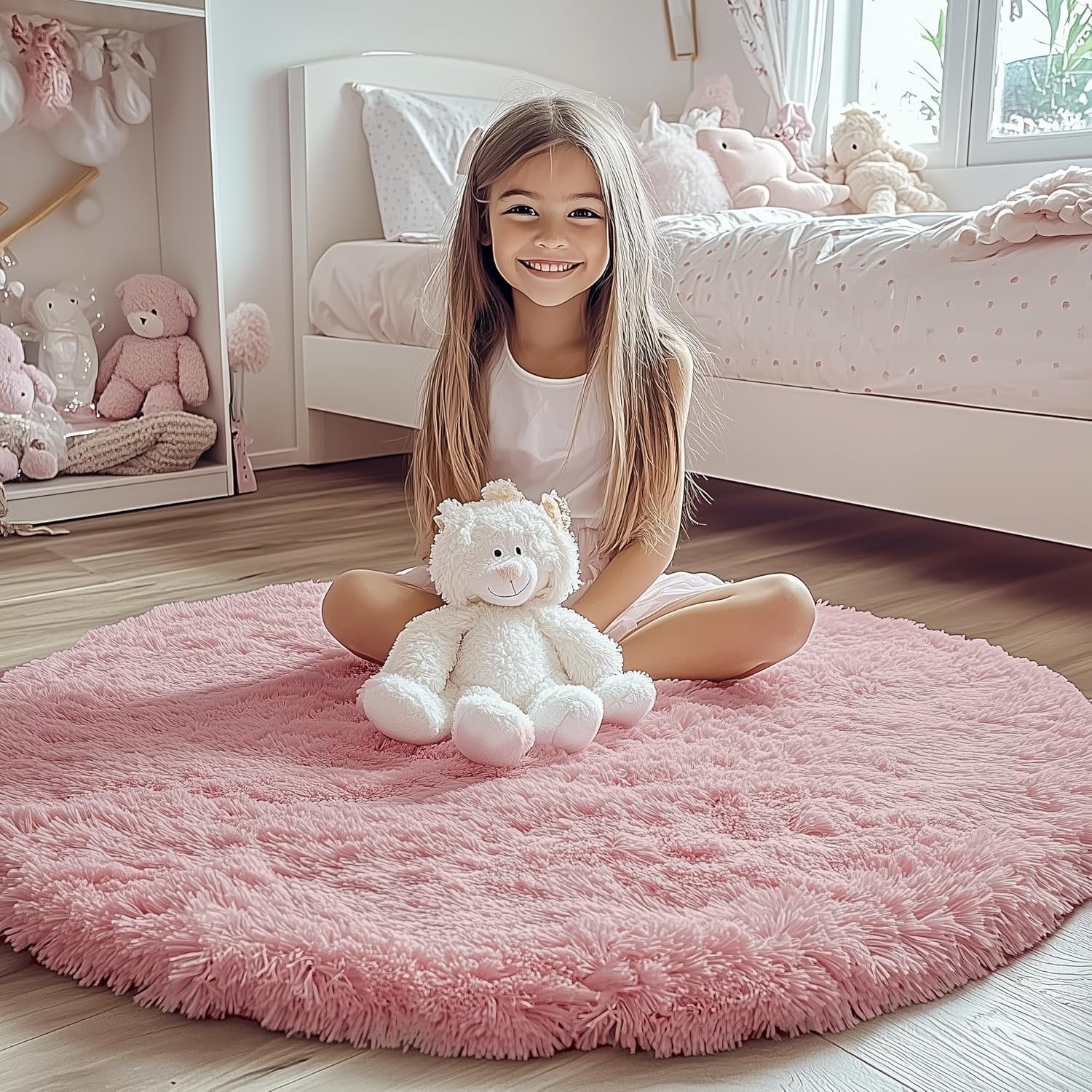 Light Pink round Area Rugs 2Ft for Bedroom Living Room, Fluffy Cat Dog Bed Mat, Washable Circle Rug for Kids Girls Boys Teen, Soft Plush Shaggy Carpet for Nursery Dorm Home Decor Aesthetic