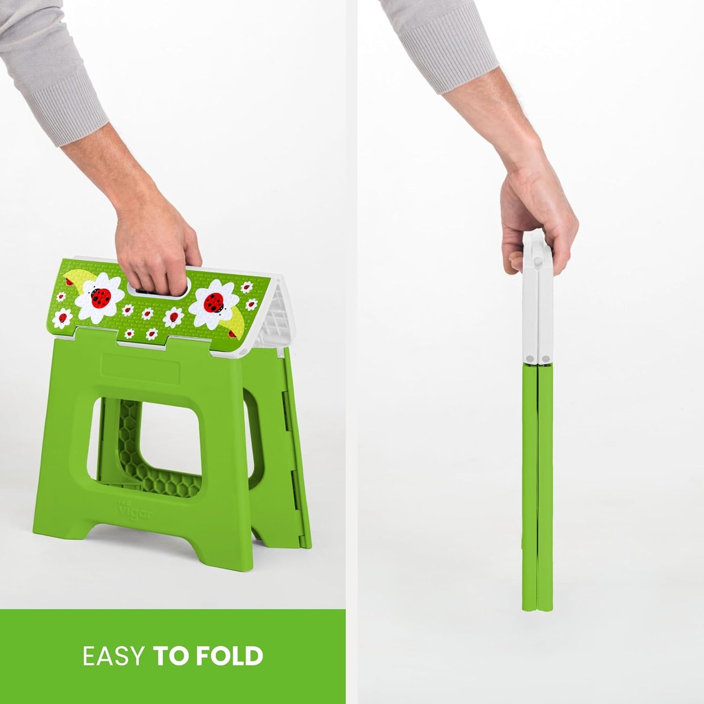 Compact Step Stool Foldable, 12-1/2-Inch Step Stools for Adults up to 330 Pound, Lightweight Stool, Non-Slip Folding Step Stool, Ladybug on Top