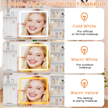 Large 47.2" Makeup Vanity with 3 Color Lights, Vanity Desk with USB Charging Station, Vanity Makeup Table with Visible Drawers, Hidden and Open Storage Shelves, White