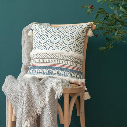Boho Tufted Decorative Throw Pillow Cover 18X18, Modern Moroccan Style with Tassels, Accent Decor Pillowcase for Couch, Sofa, Bedroom, Car, or Hotel, Blue