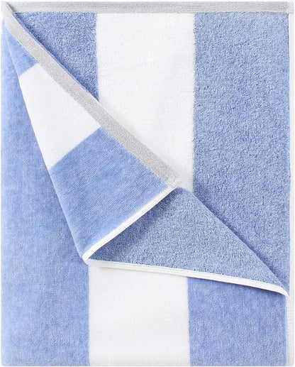 Cotton Oversized Beach Towel - Large 70 X 35 Inch Pool Towel, Blue Striped Quick Dry Swimming Cabana Towel