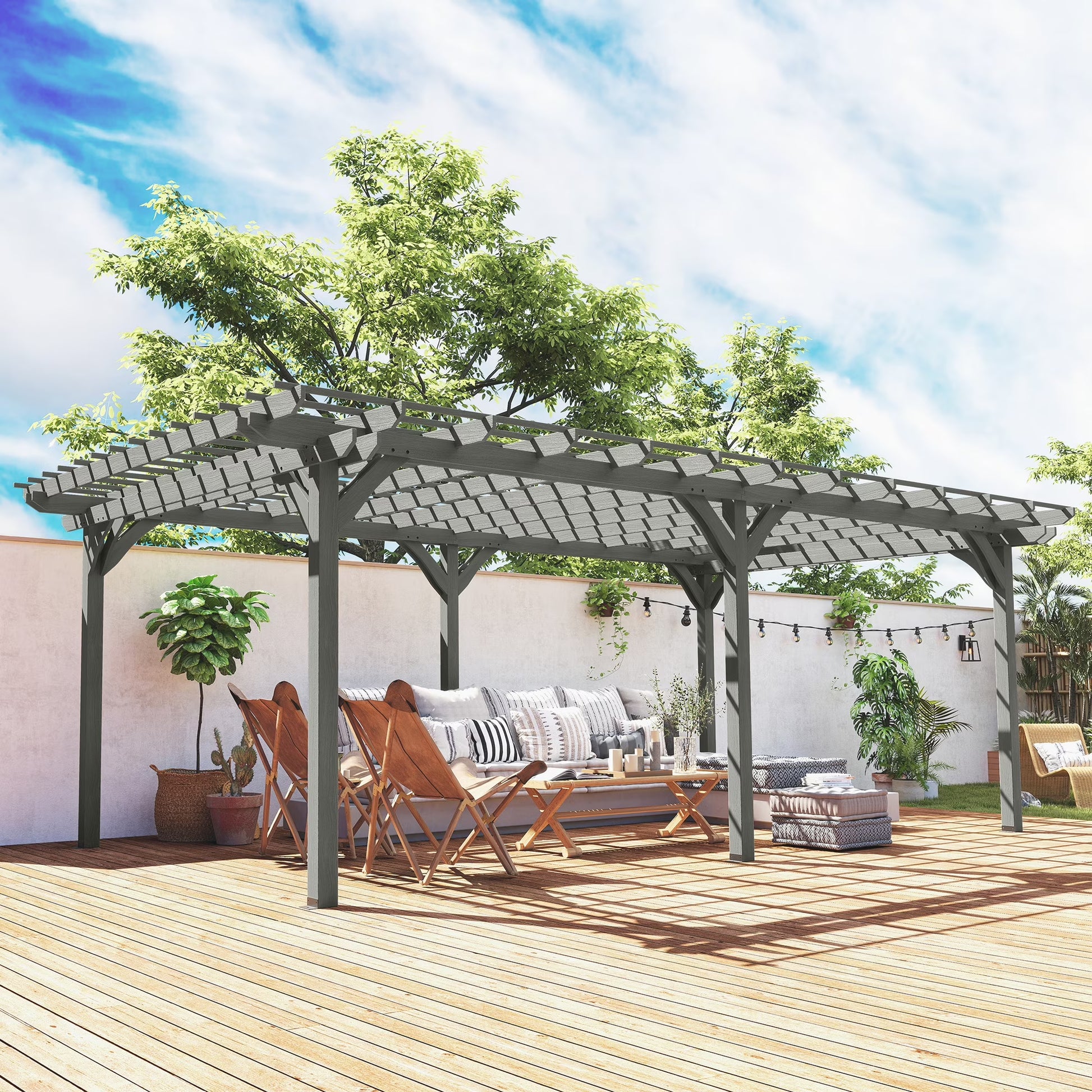 12' X 20' Wooden Pergola Grape Trellis, Outdoor Gazebo for Garden, Patio, Backyard, Deck, Gray