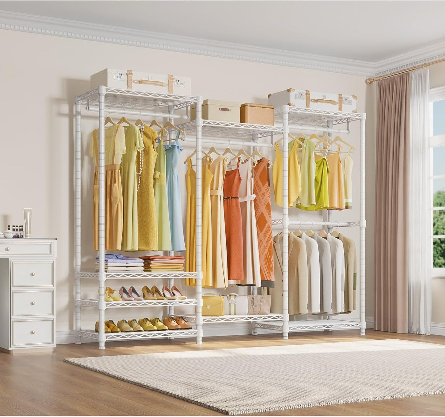 V5 Portable Closet Wardrobe Heavy Duty Clothes Rack, Freestanding Clothing Racks with 4 Hang Rods & 8 Shelves, Adjustable Custom Closet Racks, 68.9" L X 15.7" W X 76.4" H, Max Load 800LBS, White