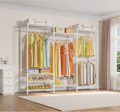 V5 Portable Closet Wardrobe Heavy Duty Clothes Rack, Freestanding Clothing Racks with 4 Hang Rods & 8 Shelves, Adjustable Custom Closet Racks, 68.9" L X 15.7" W X 76.4" H, Max Load 800LBS, White