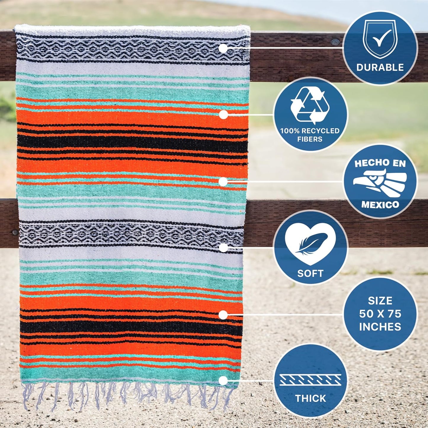 Authentic Handwoven Mexican Blanket | Yoga Blankets, Outdoor, Picnic, Beach, Camping | Equestrian Saddle | Serape 50X70 Inches - Bright Mandarin, Pack of 1