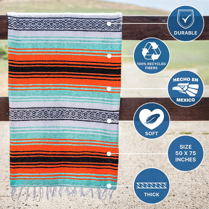 Authentic Handwoven Mexican Blanket | Yoga Blankets, Outdoor, Picnic, Beach, Camping | Equestrian Saddle | Serape 50X70 Inches - Bright Mandarin, Pack of 1