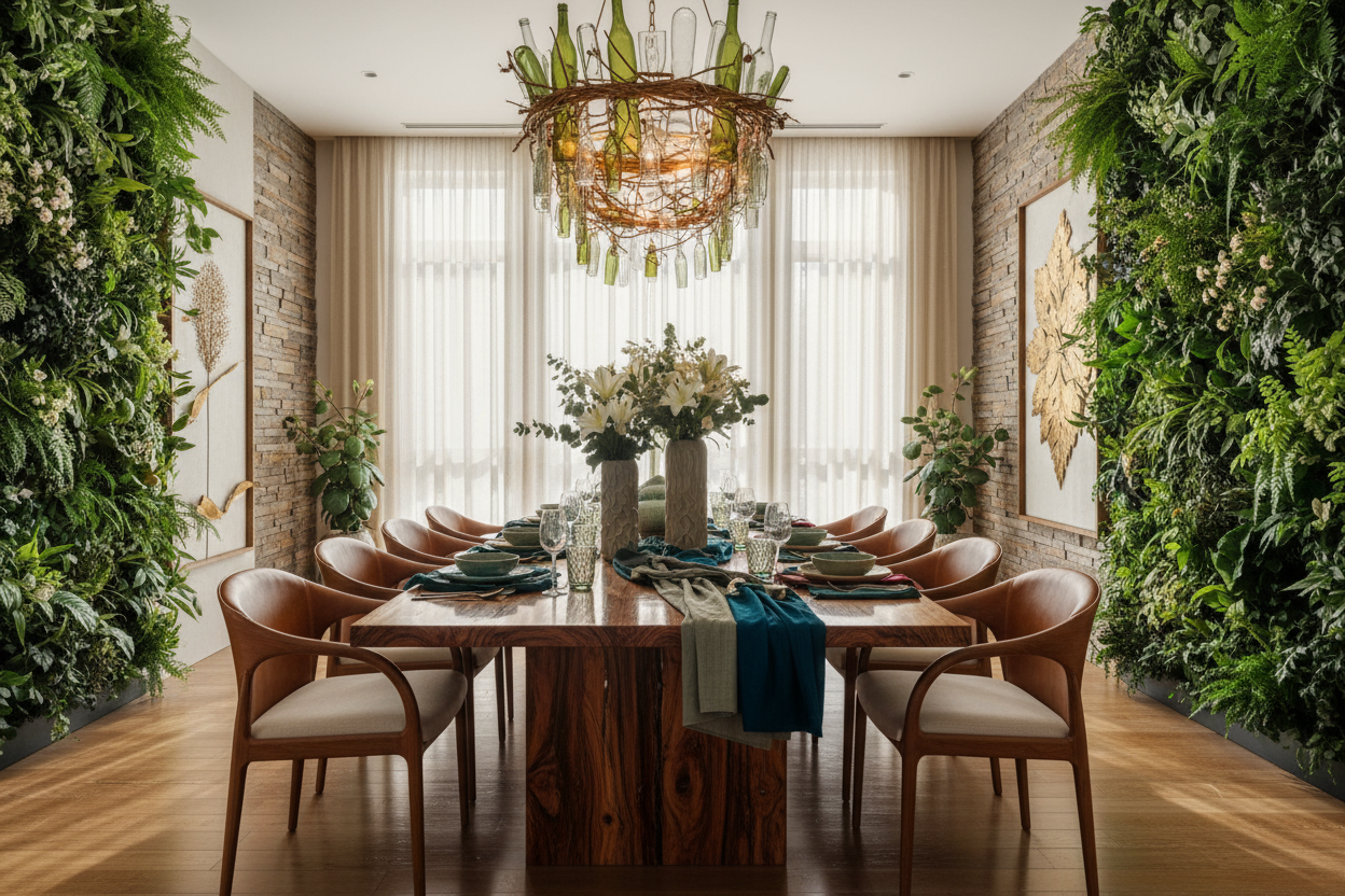 Crea un comedor lujoso con productos ecologicos de alta calidad que reflejen el lujo pero a su vez haga contraste entre el lujo y lo ecologico