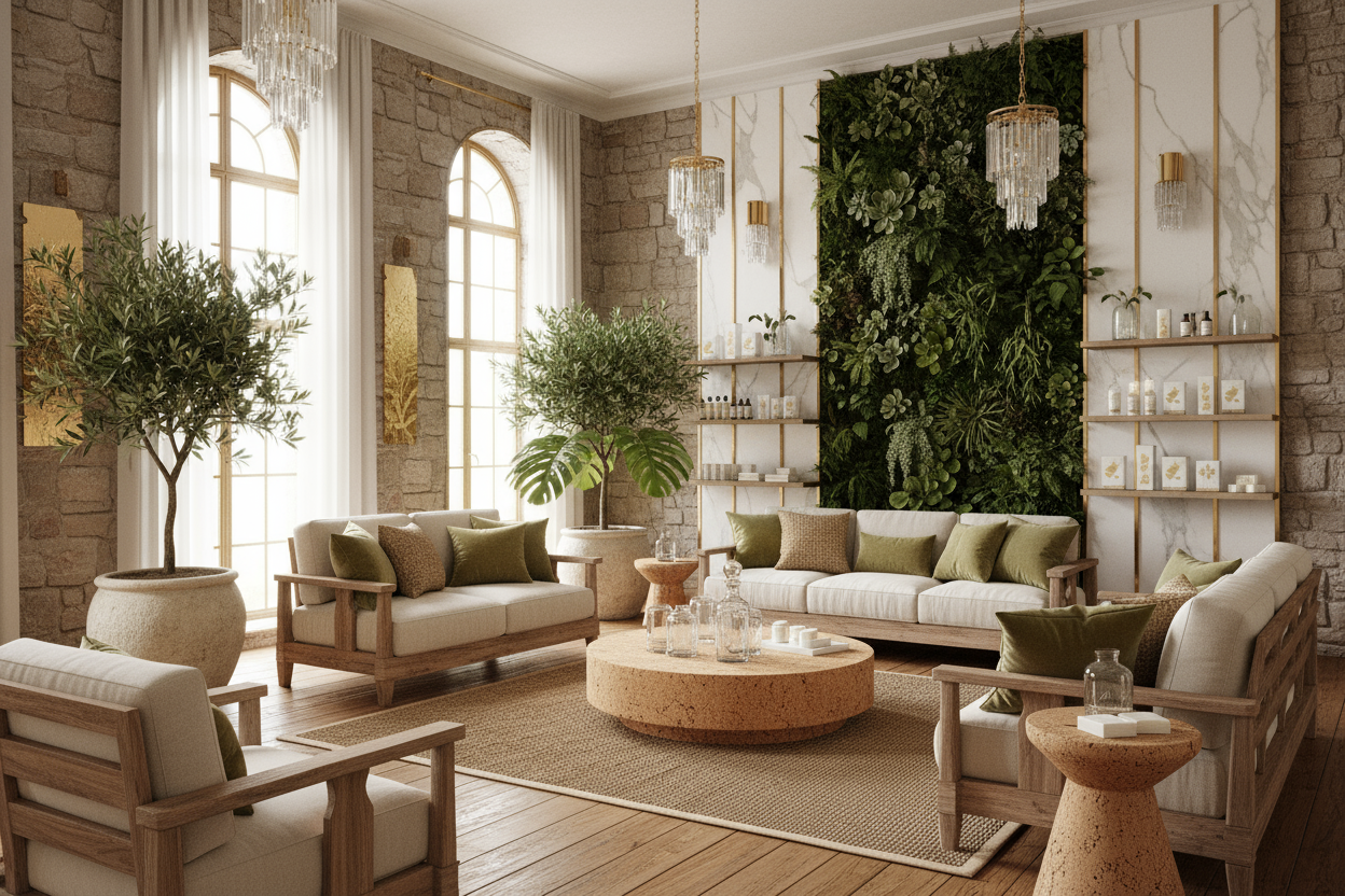 Crea una sala lujosa con productos ecologicos de alta calidad que reflejen el lujo pero a su vez haga contraste entre el lujo y lo ecologico