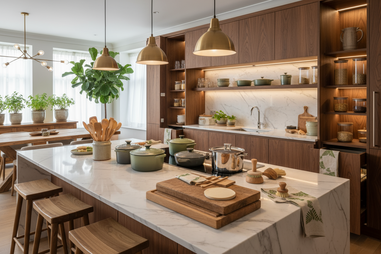 creame una cocina lujosa con productos ecologicos que se pueda apreciar todo el equipo para cocinar ecologica y contraste el lujo con lo ecologico en la cocina.