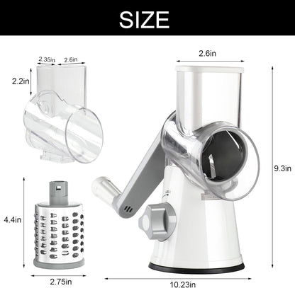 Rotary Cheese Grater Hand Crank Cheese Shredder for Fresh Cheese, Vegetable, Nuts,Non-Slip Suction Base, Free Cleaning Brush Three Blades, White